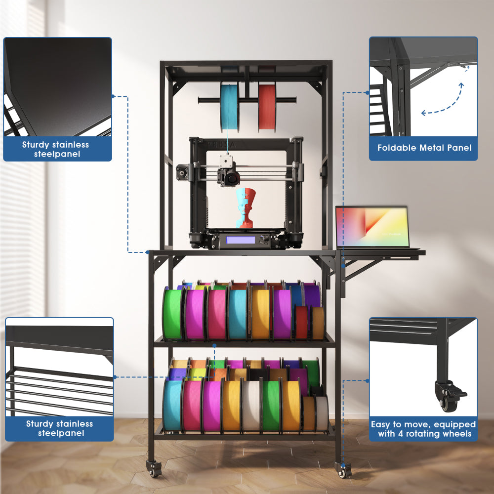 3D Printer Stand, Heavy Duty 3D Printer Table Stand with Filament Storage Rack, T-Shaped Spools Holder Rack with Wheels,3D Printer Workbench for 3D Printing Studio, Home Office Workshop