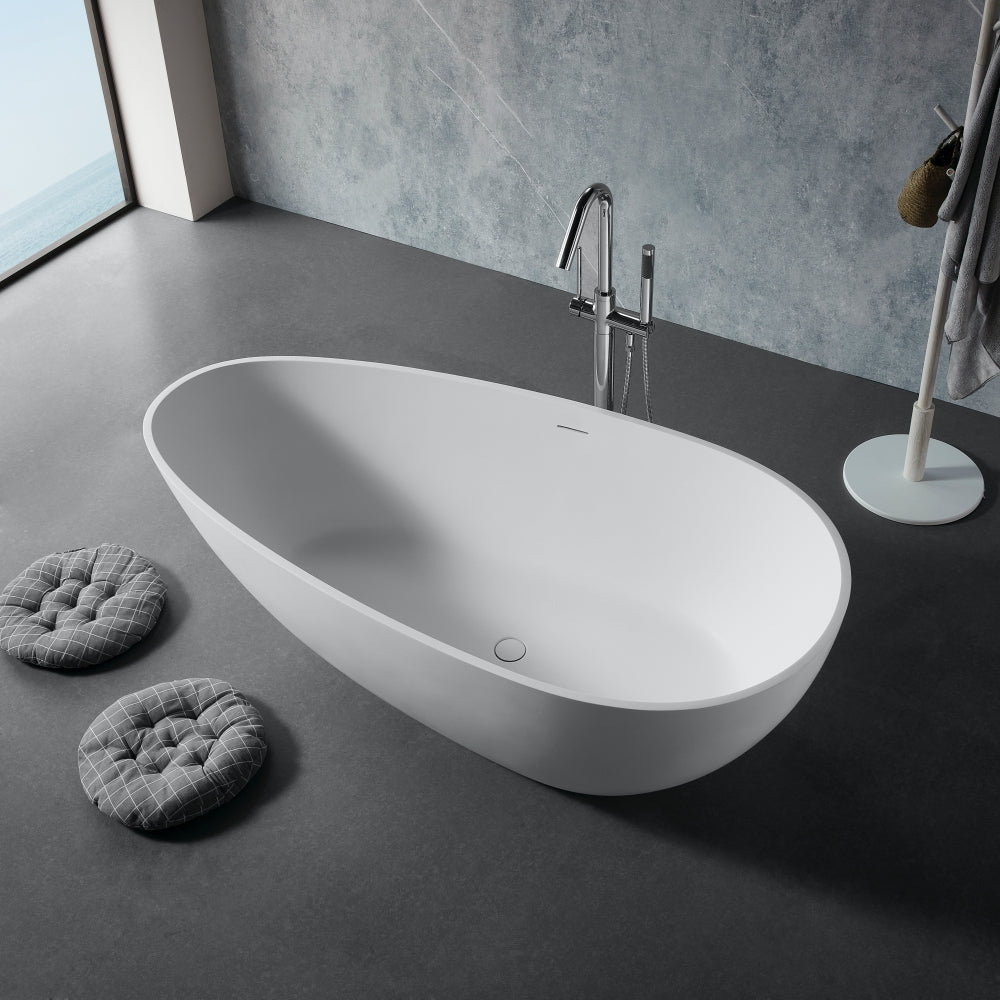 67" Freestanding Solid Surface Bathtub, Luxury Engineered Stone Resin Freestanding Soaking Bathtub with Overflow and Pop-up Drain for Contemporary Bathroom, Matte White 24S02-67MW