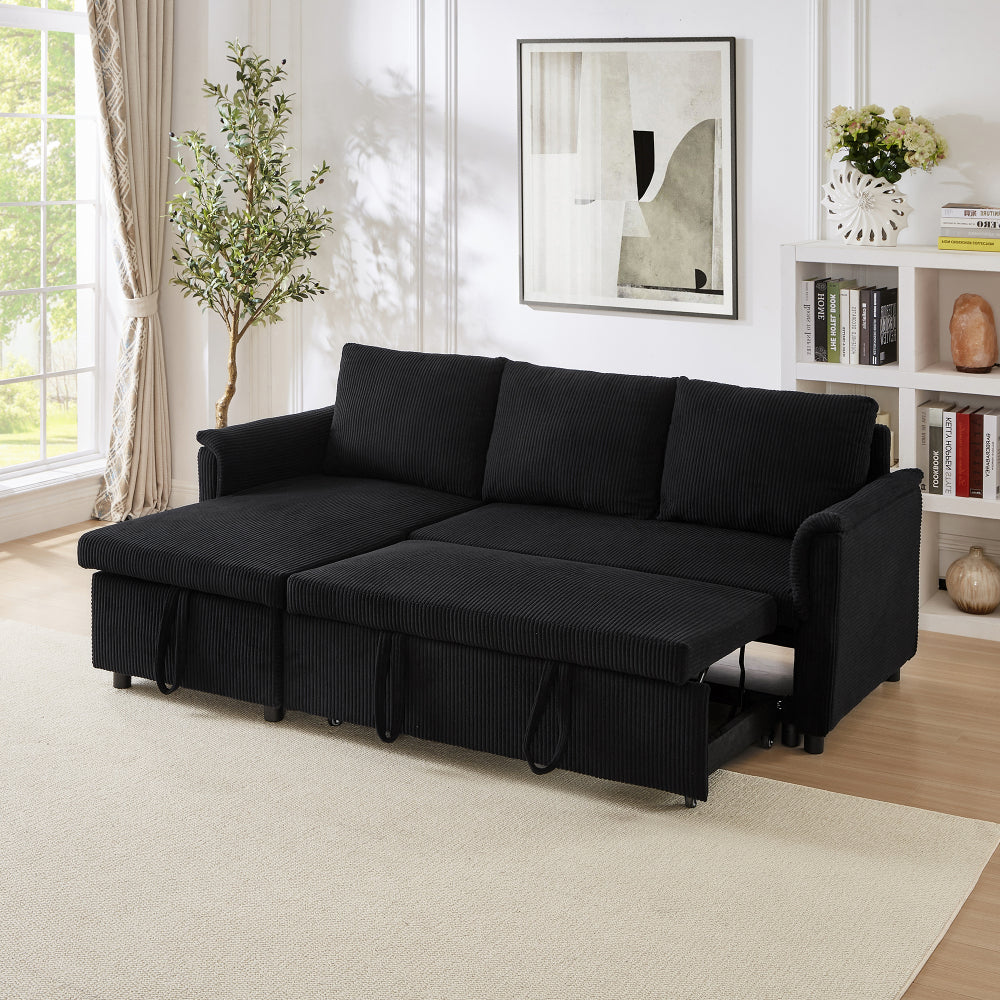 Loveseat Sofa with Chaise Lounge L-Shaped Modular Convertible Sofa with Storage Chaise, Corduroy Tufted Upholstered Sleeper Sectional Sofa,Pull Out Sleep Couch Bed and Reclining Backrest-Black