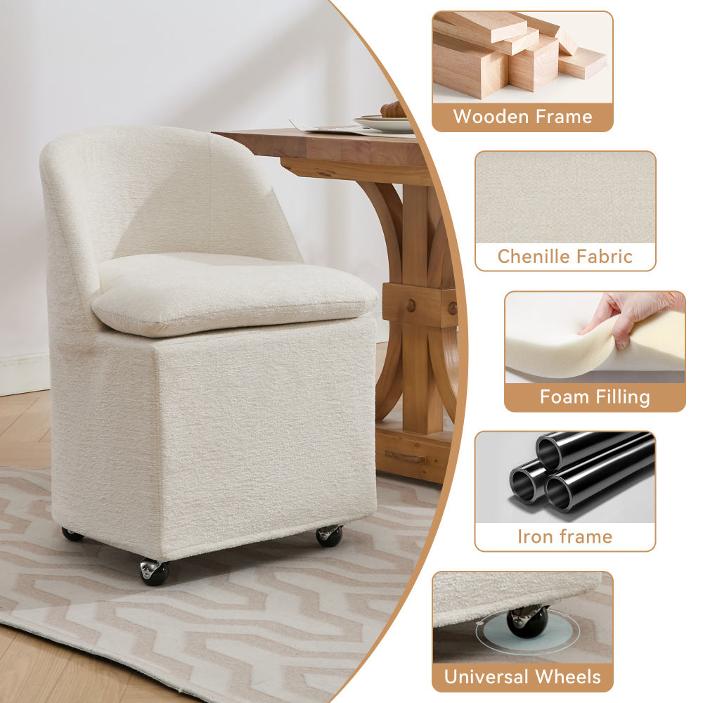 058-Set of 2 Chenille Fabric Dining Chairs With Universal Wheels,Beige