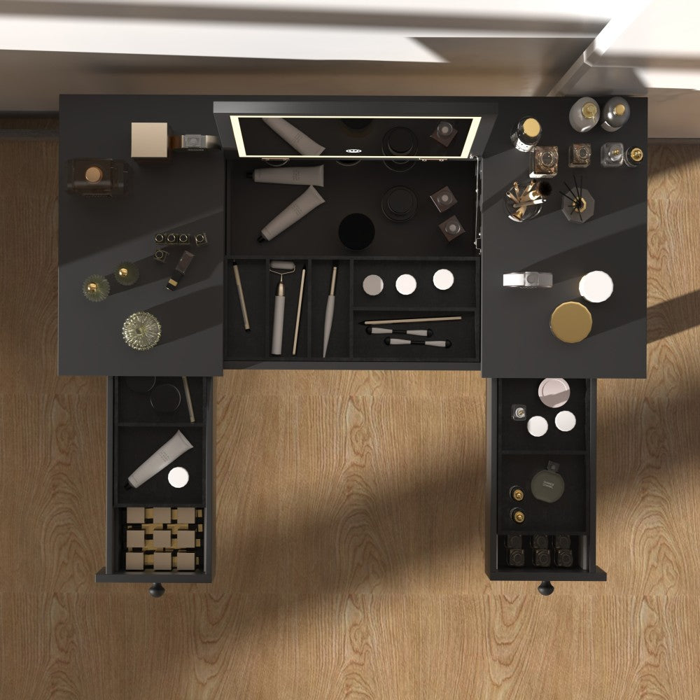 Multifunctional Vanity Desk with 3-Level Adjustable Lighting with Flip-top Mirror & Storage 15.75" Deep Makeup Table 2 Drawers & 3 Removable Organizer Boxes Compact Home Office Desk Black