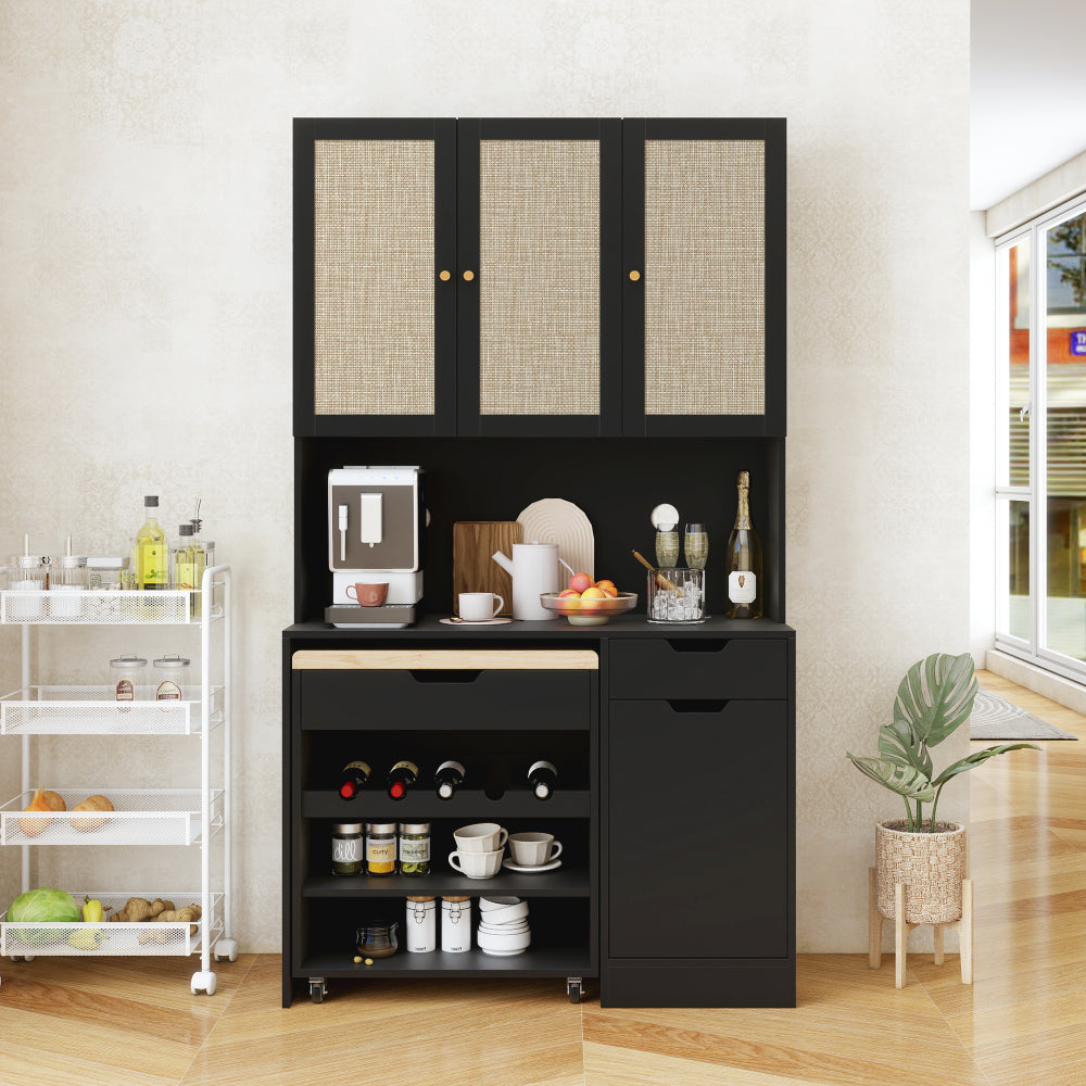 69.29" Kitchen Pantry Storage Cabinet, Modern Buffet Cabinet with Kitchen Cart, Tall Kitchen Hutch Cabinet with Microwave Stand, Food Pantry Cabinet with 3 Rattan Doors and Adjustable Shelves , Black