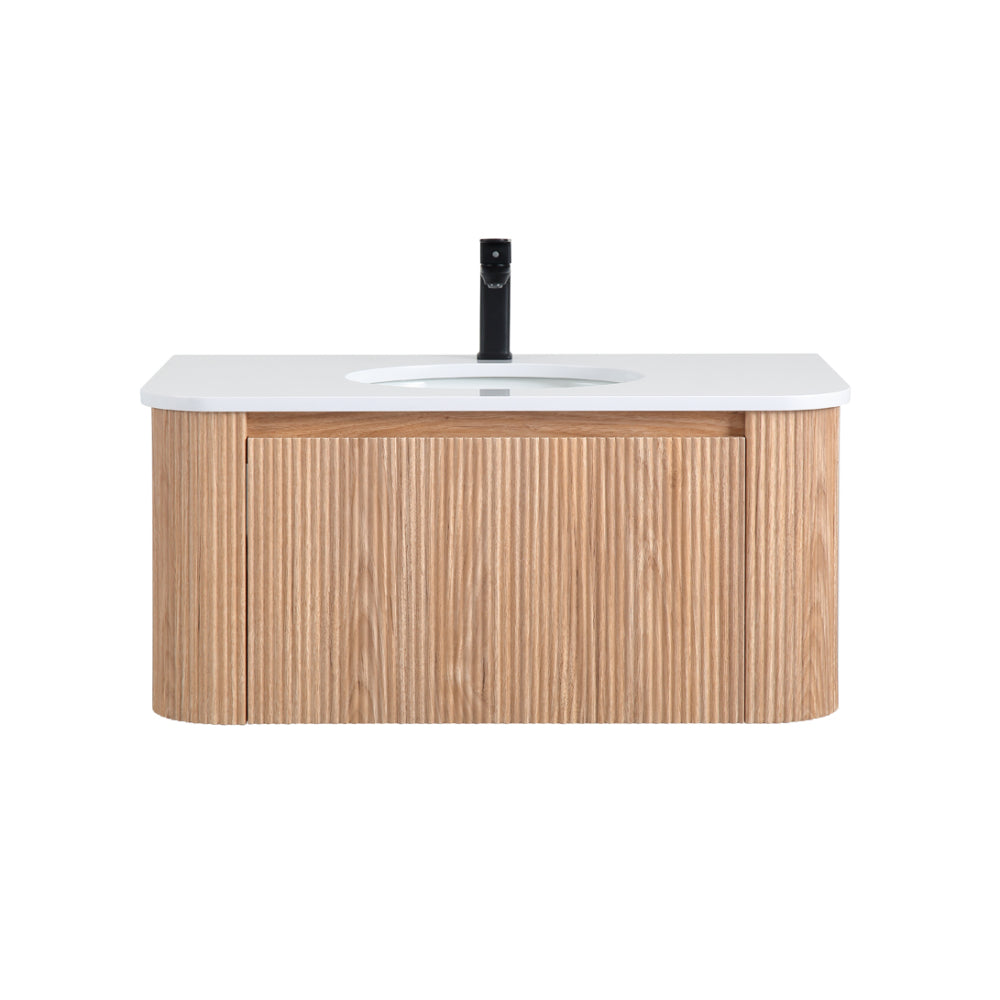 Arcora 36 Inch Wall Mounted Bathroom Vanity with Sink Curved Design, Wave Texture Wood Finish, Integrated Cultured Marble, Pre-Assembled, Modern Floating Vanity Cabinet with Soft Close Drawer