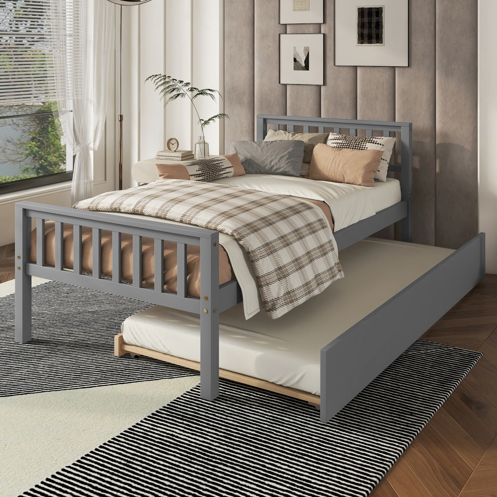 Twin Bed with Trundle, Platform Bed Frame with Headboard and Footboard, for Bedroom Small Living Space,No Box Spring Needed,White(New SKU:W504P148532)