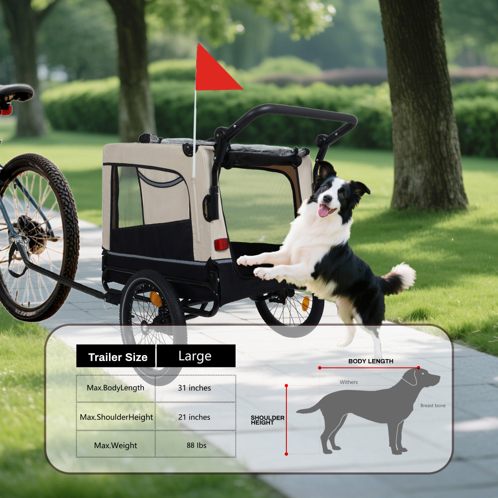 2-in-1 Bike Trailer & Push Cart for Pets - Detachable Bike Hitch & Push Handle Included - All-Terrain Wheels, Quick Release Wheel, Non-Slip Floor, Internal Leash, Holds  Up to 88 lbs, Black- Beige