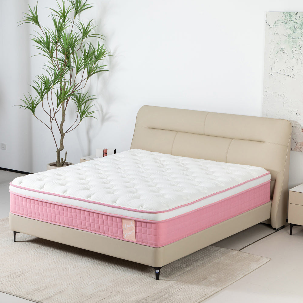 QUEEN 12 Inch Hybrid Mattress Individual Pocket Spring Memory Foam Cool Knitted Cover CertiPUR-US Pink
