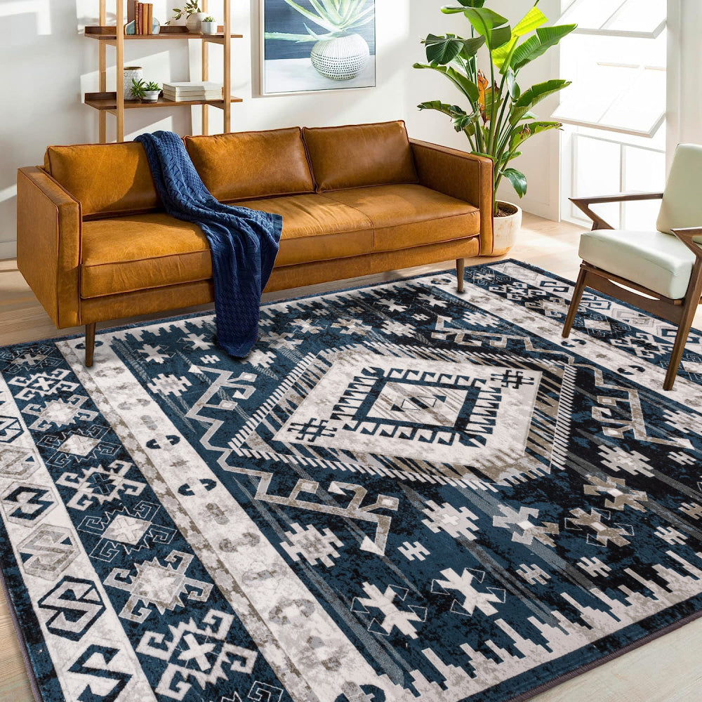 Area Rug 8x10 Vintage Bohemia Large Persian Non-slip Washable Rug For Living Room Kitchen Bedroom Living Room Geometry Blue/Black