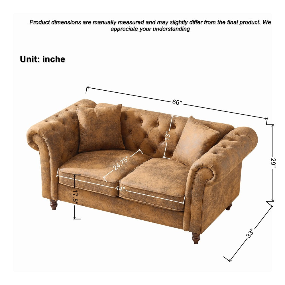66"Chesterfield ‌Faux Leather Sofa,High-tech Fabric Roll Armrest Sofa,Upholstered Mid Century Modern Couch,2 Seater Couch for Living Room, Office, Apartment, Brown