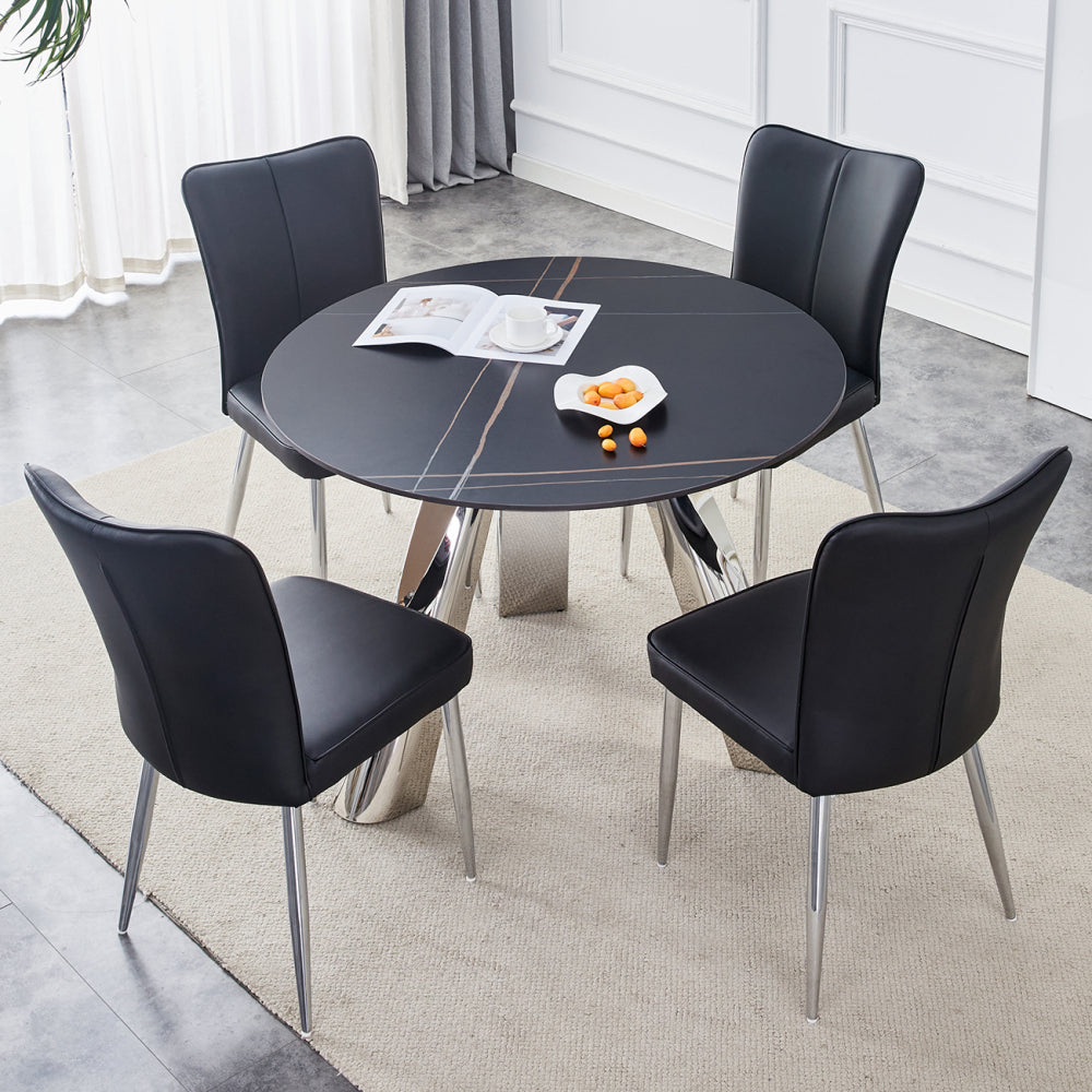 42-inch Sintered Stone Dining Table and Chair Set   Mirror-polished Stainless Steel Base  4 Black PU Chairs  Modern Luxury Round Dining Table Series
