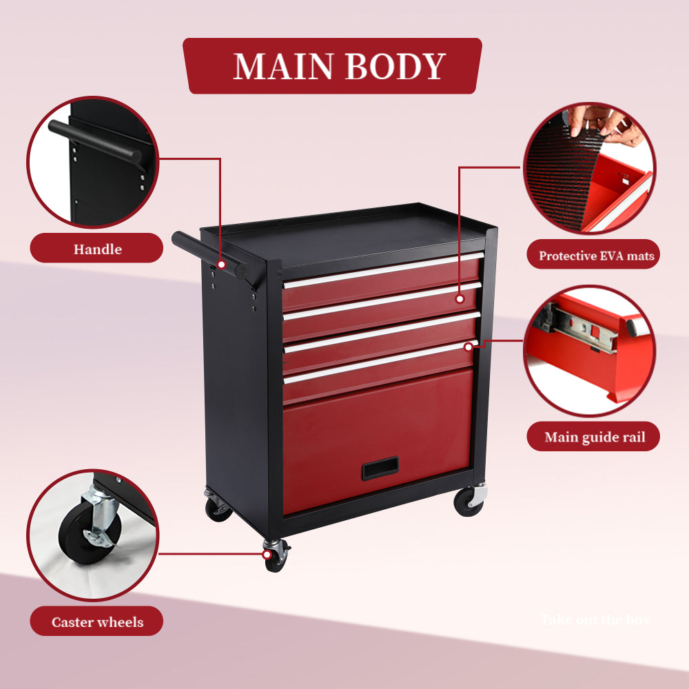 Four drawer rolling toolbox, tool cart with 4 wheels and drawers, large capacity detachable mobile tool storage cabinet for workshops, garages, maintenance rooms, and mechanics