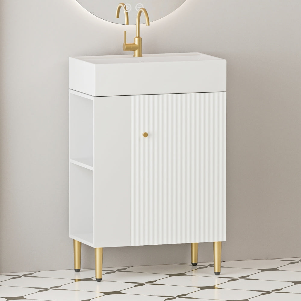 21.6" Open-shelving Bathroom Vanity with Ceramic Sink and Soft-Closing Door, Cloakroom Open Shelf Storage Cabinet on the Left Side, Assembly Required, White 24VB06-21WHL