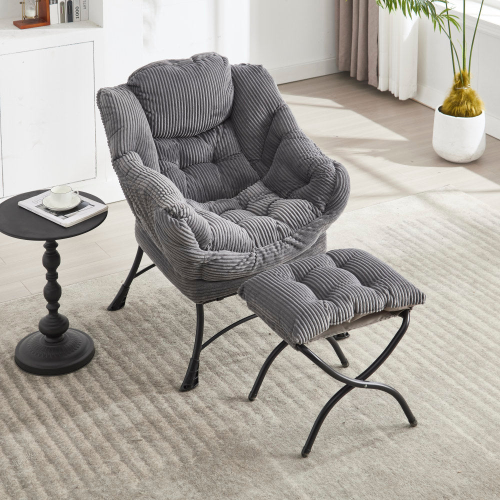 Lazy Chair with Ottoman, Modern Lounge Accent Chair with Armrests and a Side Pocket, Leisure Upholstered Sofa Chair Reading Chair with Footrest for Small Space, Corner Chair-Grey