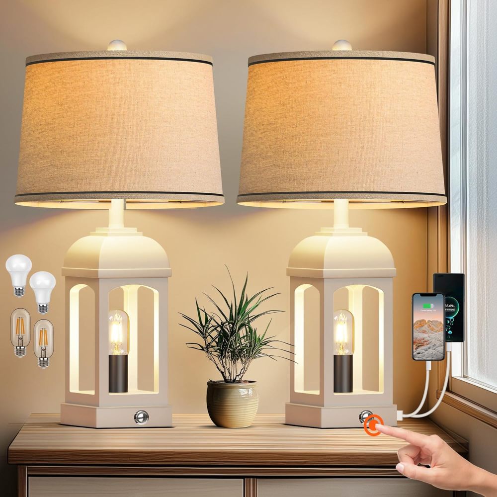 Table Lamp for Living Room, Farmhouse Lamps Set of 2 with USB A+C and Nightlight, 26" Rustic Bedside Lamps with 3-Way Dimmable, Touch Nightstand Lamp for Bedroom, White