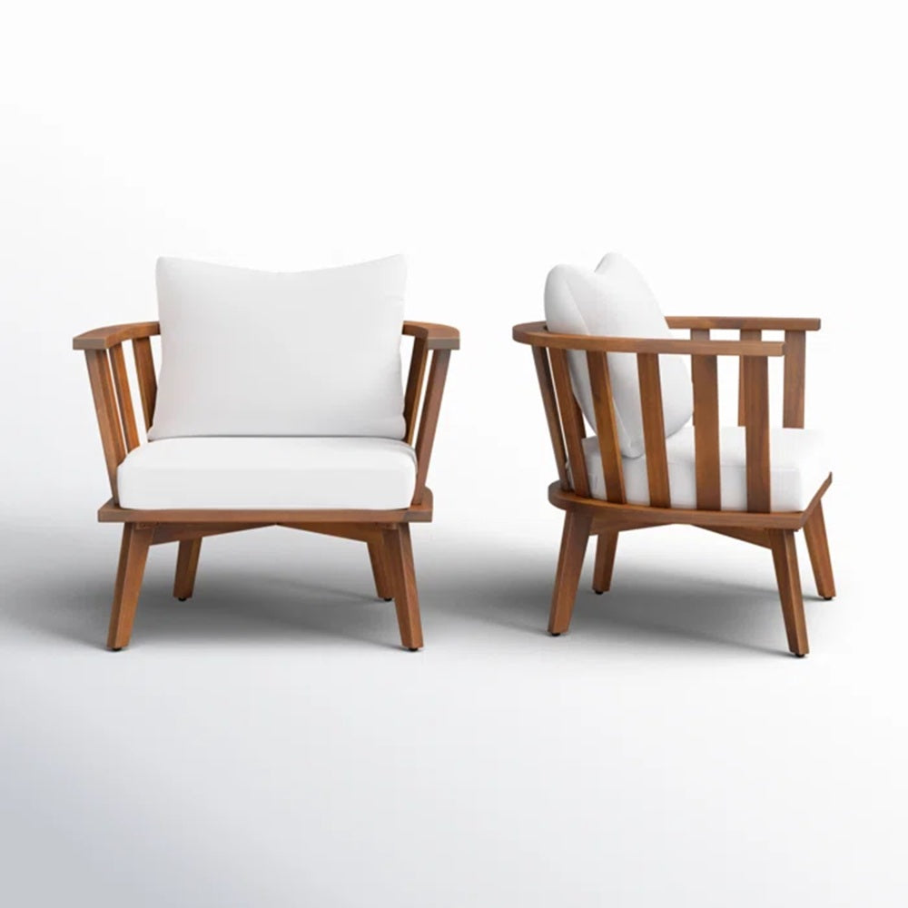 Set of 2, Outdoor Acacia Wood Patio Club Chair, Wooden Patio Furniture,Waterproof Thick Cushion Deep Seating for Porch, Garden, Backyard, Balcony, Weight Capacity 400lbs, Teak Finish, White