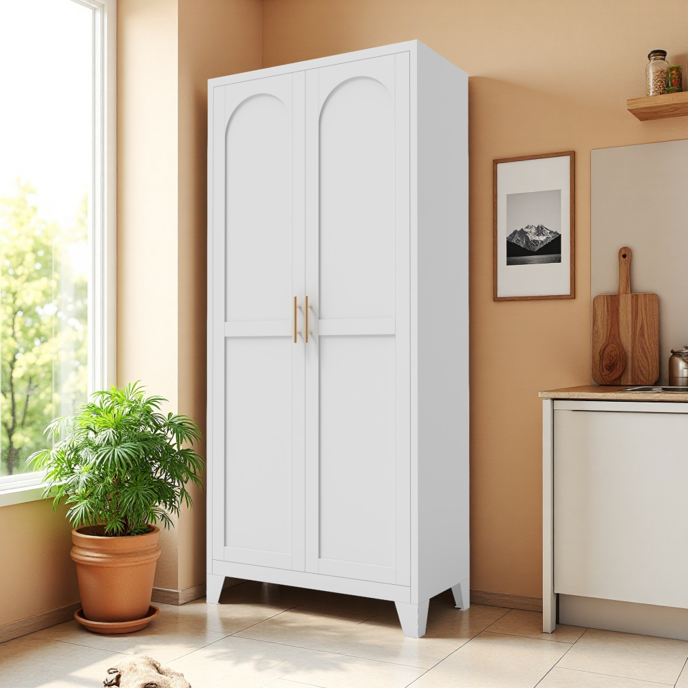 71'' 2 Shapely Doors Cabinet, Metal Storage Cabinet with Doors and Adjustable Shelves, for Bedroom, Living Room, Kitchen(White)