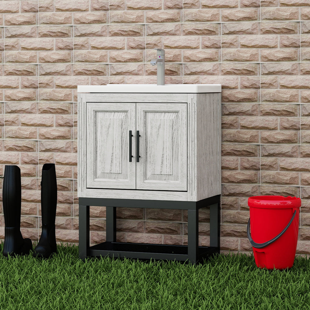 24" Bathroom Vanity with White Ceramic Sink & Hot and Cold Faucet , Freestanding Bathroom Cabinet with 2 Storage Doors and Open iron Shelf for Bathroom