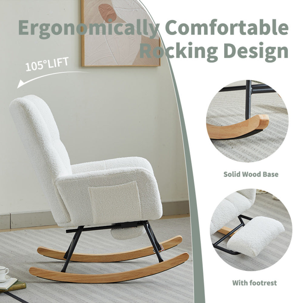 Modern Nursery Rocking Chair, Upholstered Glider Chair with High Backrest, Rocker Accent Armchair with Solid Wood Legs for Nursery Bedroom Living Room WHITE