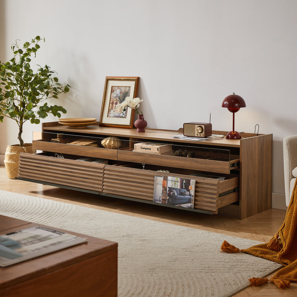 Mirod Modern TV Stand with Ample Storage,4 Drawer Design with Tempered Glass ,Built-in Charging Ports and Ambient LED Lighting ,Versatile for Any Decor Style
