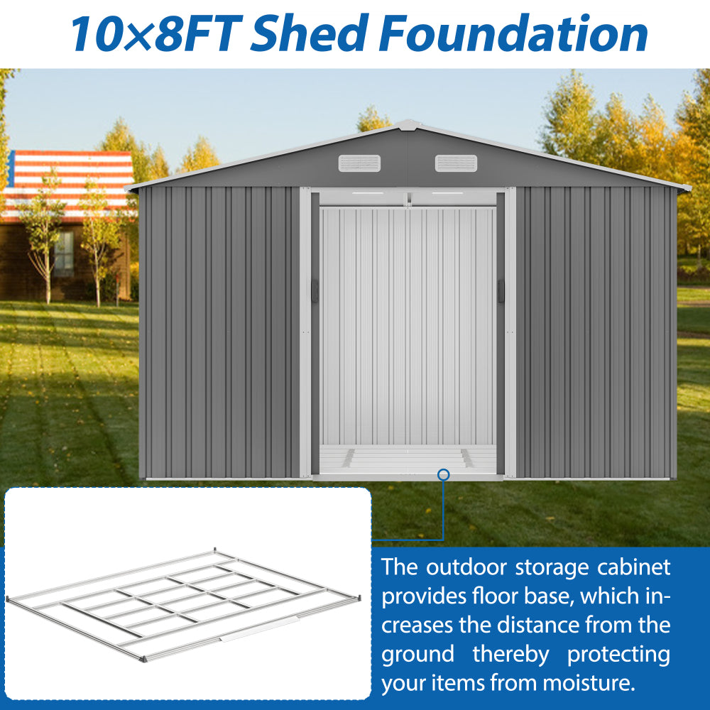 10X8 FT Outdoor Tool Storage Shed with Metal Foundation & Lockable Doors,  All Weather Metal Sheds for Garden, Patio, Backyard, Lawn, Gray