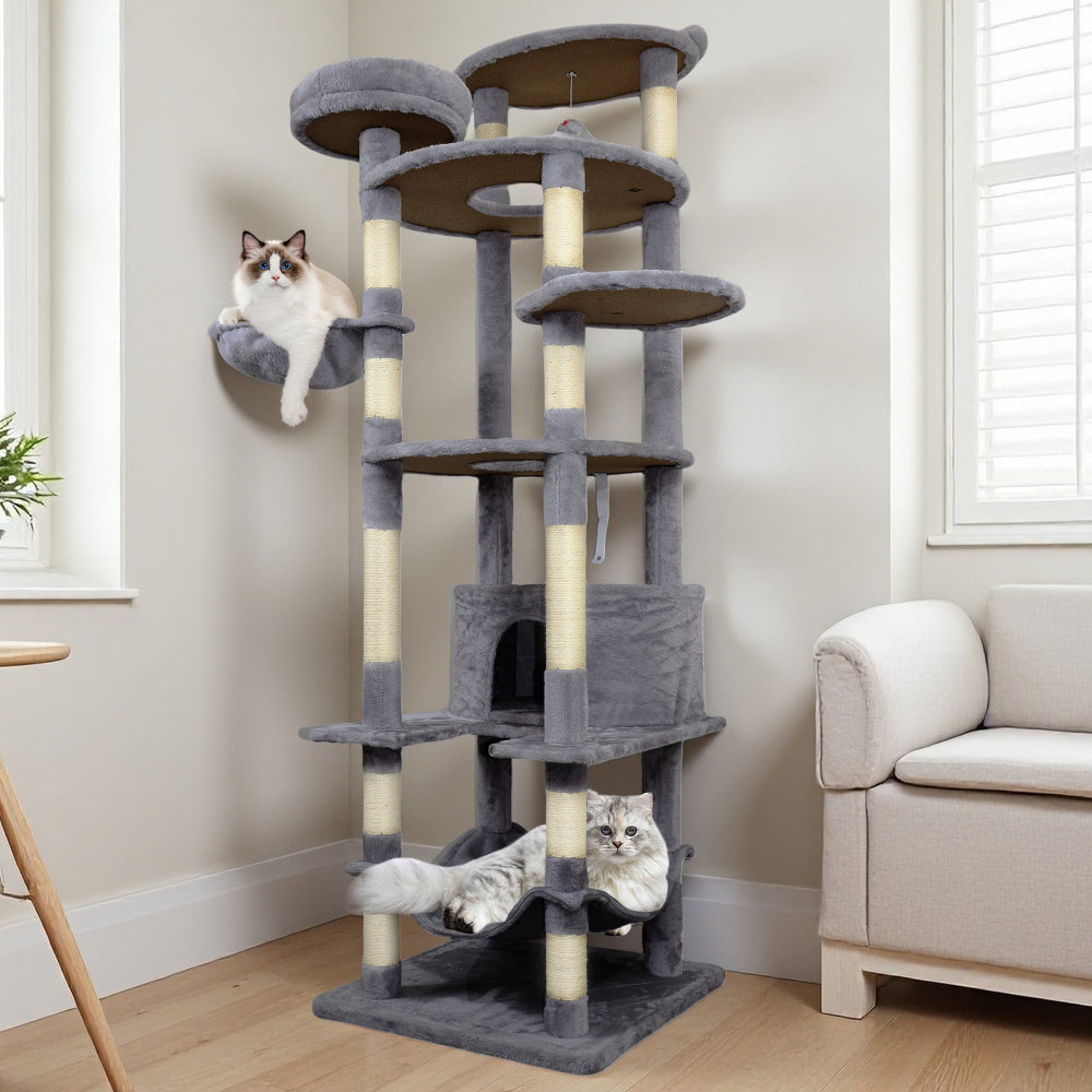 78 in dark gray cat tree tower with large condo  sisal scratching post big hammock and top platform