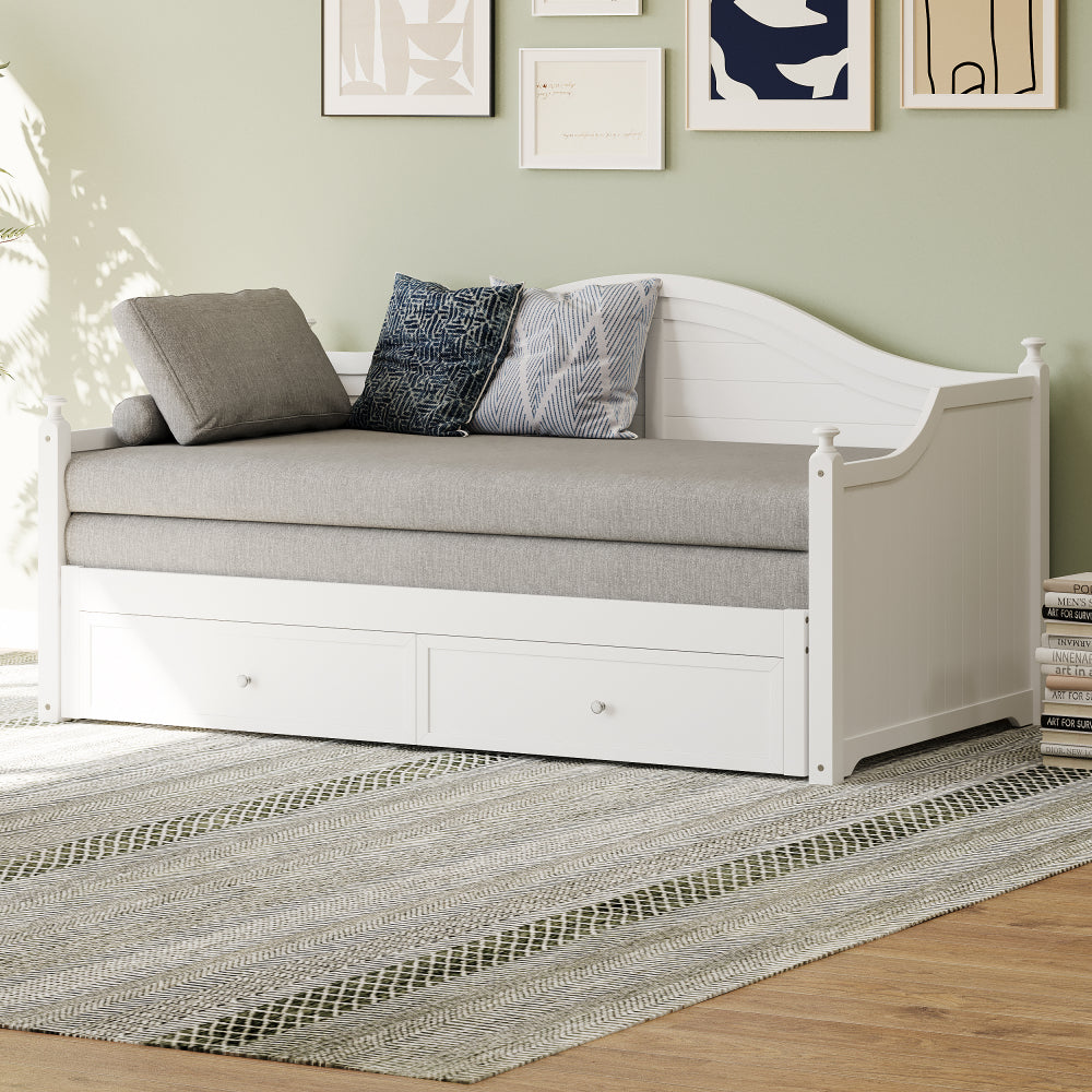 Twin Size Wood Daybed Extended Bed with Storage Drawers Wooden Sofa Bed for Living Room Guest Room, White (Old SKU:BS701P210919K)