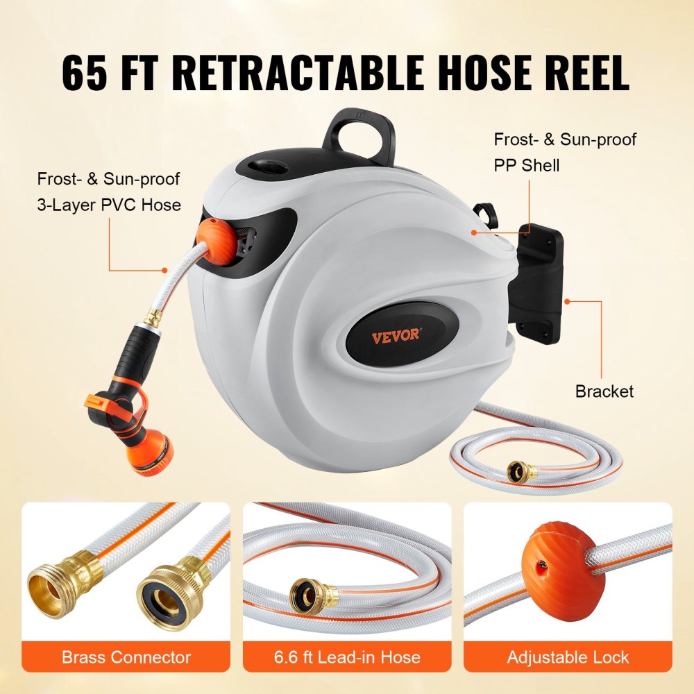 Retractable Hose Reel Water Hose Reel 65'x5/8" 180° Swivel Wall-Mounted