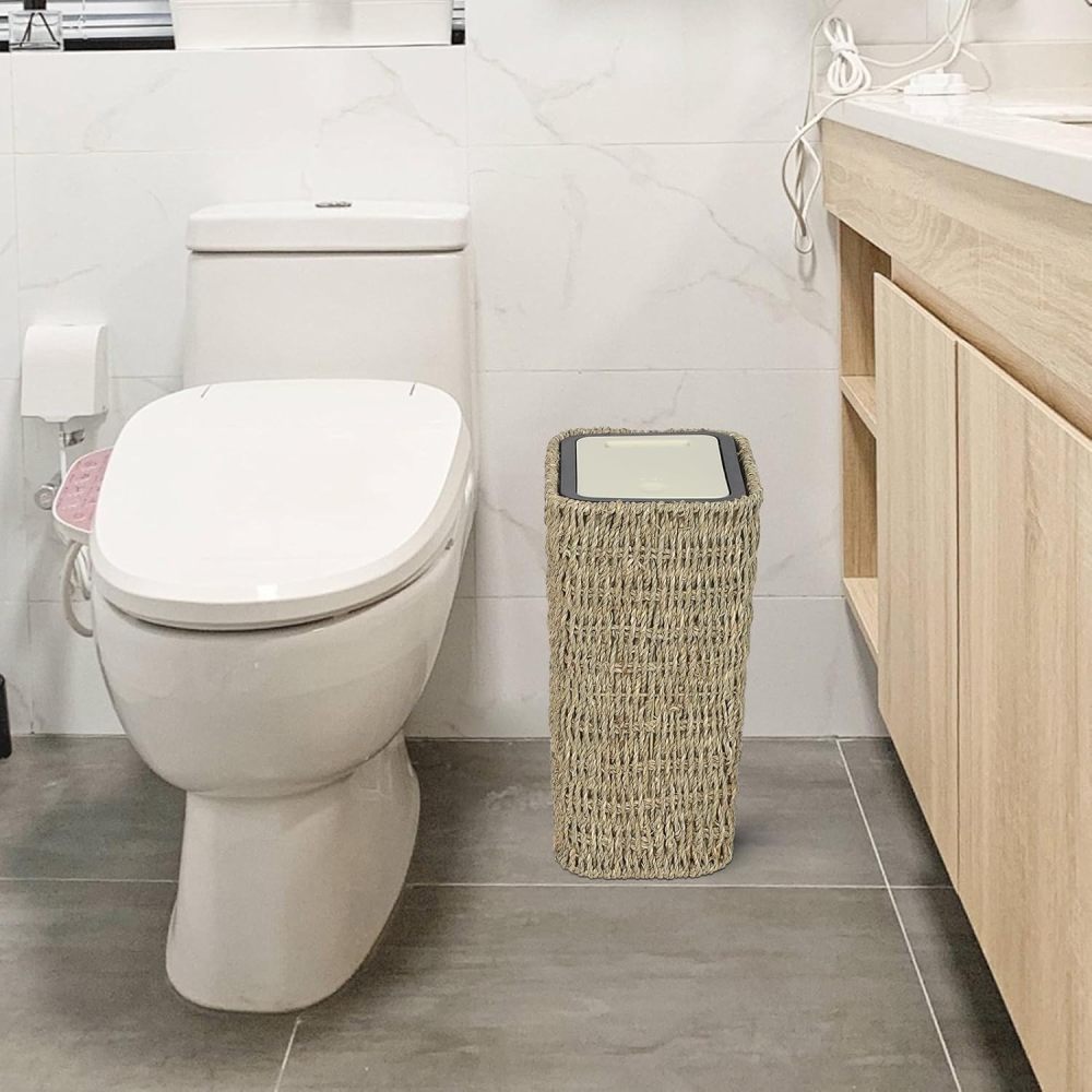 Boho Trash Can with Lid,2.6Gallon Small Rattan Trash Can with Press Top Lid,Slim Wicker Waste Basket and Hamper 2 in 1 for Bathroom,Seagrass Woven Garbage Can Trash Basket for Bathroom,Kitchen