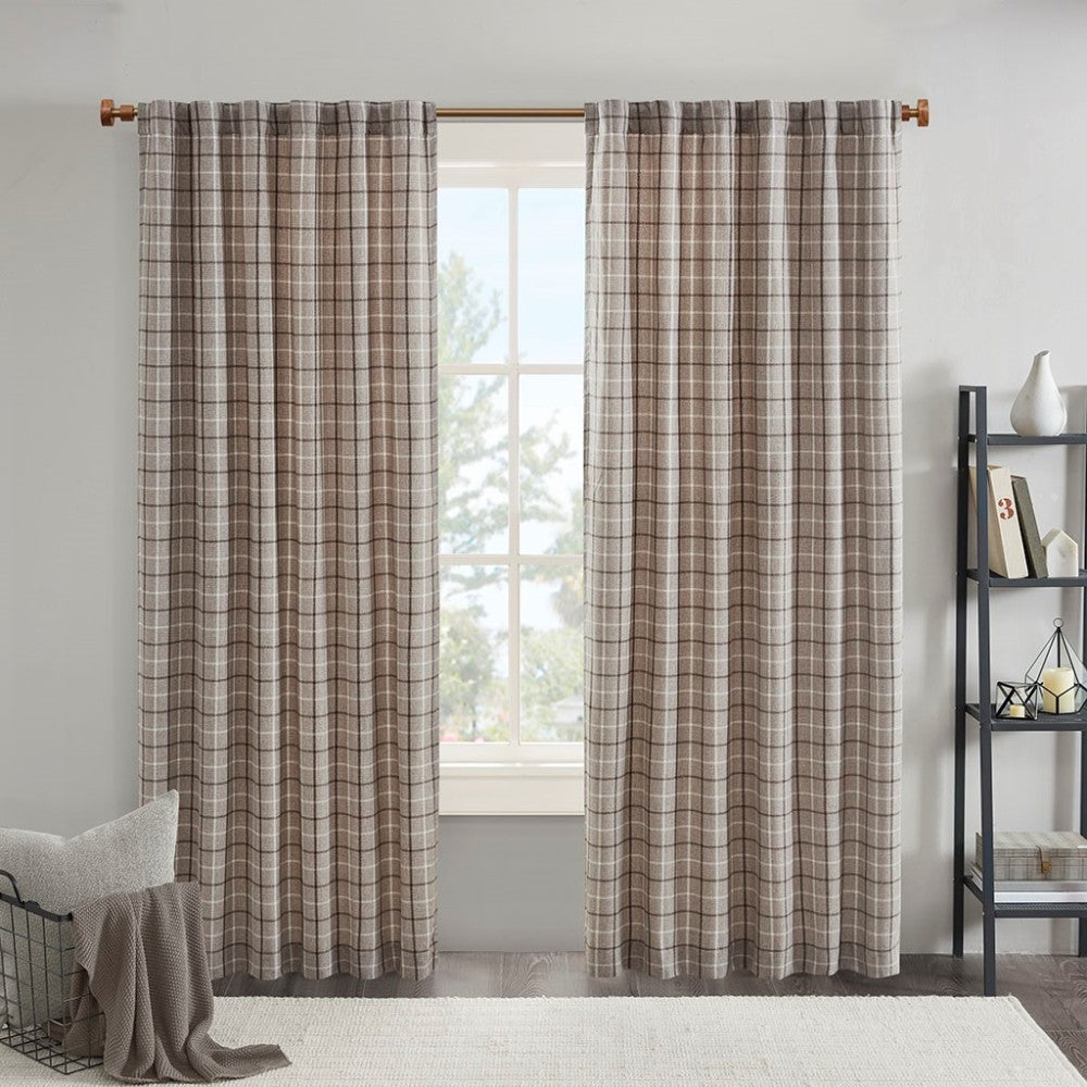Plaid Rod Pocket and Back Tab Curtain Panel with Fleece Lining Brown 50x95"