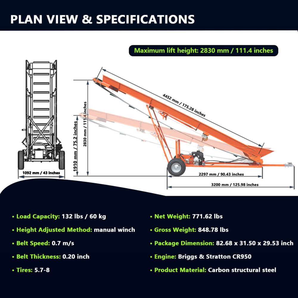 Firewood Conveyor 6.5HP 208cc Gasoline Powered 19.7" Width PVC Belt Wood Conveyor Lifter Elevator with B&S Engine