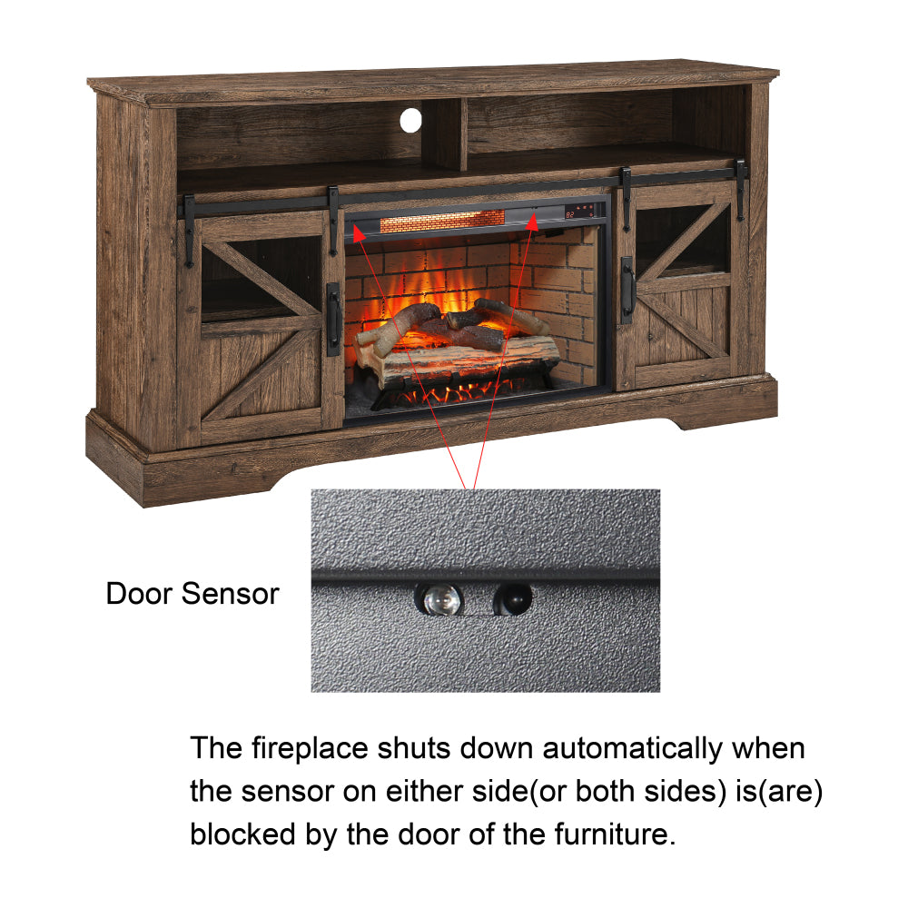 60 Inch Electric Fireplace  Entertainment Center With Door Sensor-Reclaimed Barnwood Color