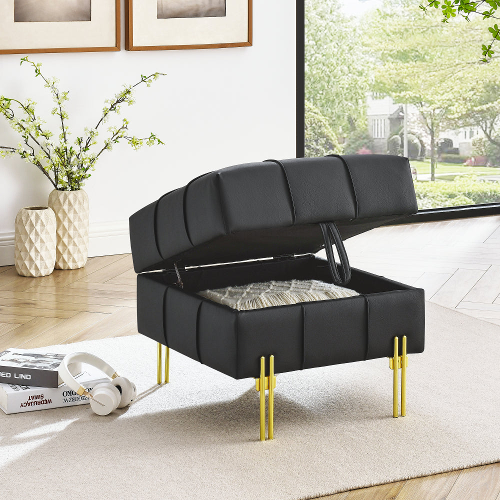 22 inches Anti-scratch Leather Storage Ottoman, Pet Friendly Entryway Bench with Golden Stainless Steel Legs, Black