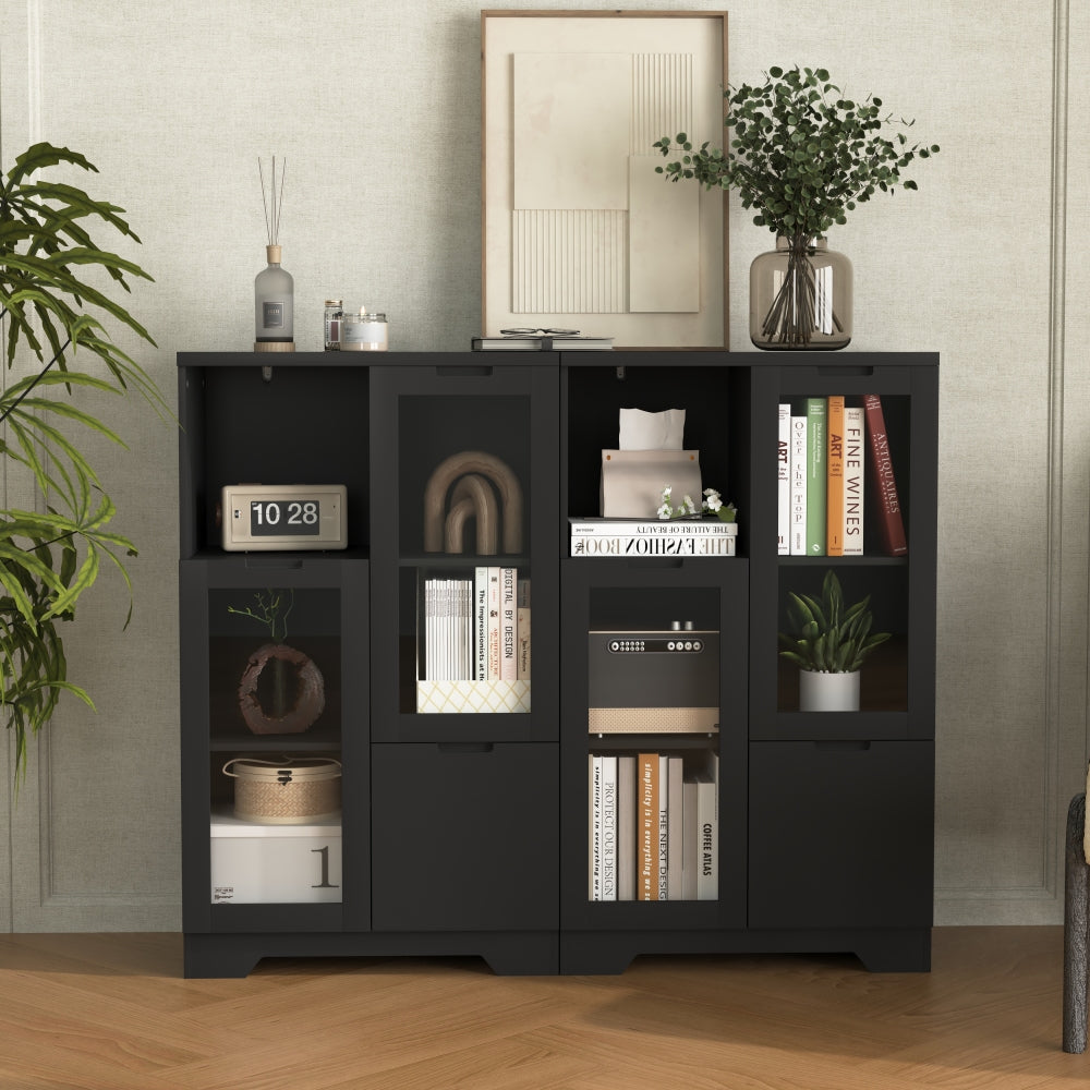 MDF painted Cabinet with Glass Doors and drawer, open storage space, Black ,Bedroom, Living room