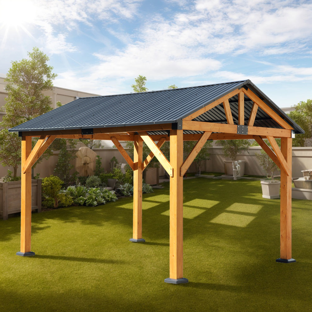 Fir Wood Carport Pavilion Gazebo, Shade, Rain, Hard Top Steel Metal Roof, All Weather Protected, with Galvanized Steel Roof, Wooden Frame
