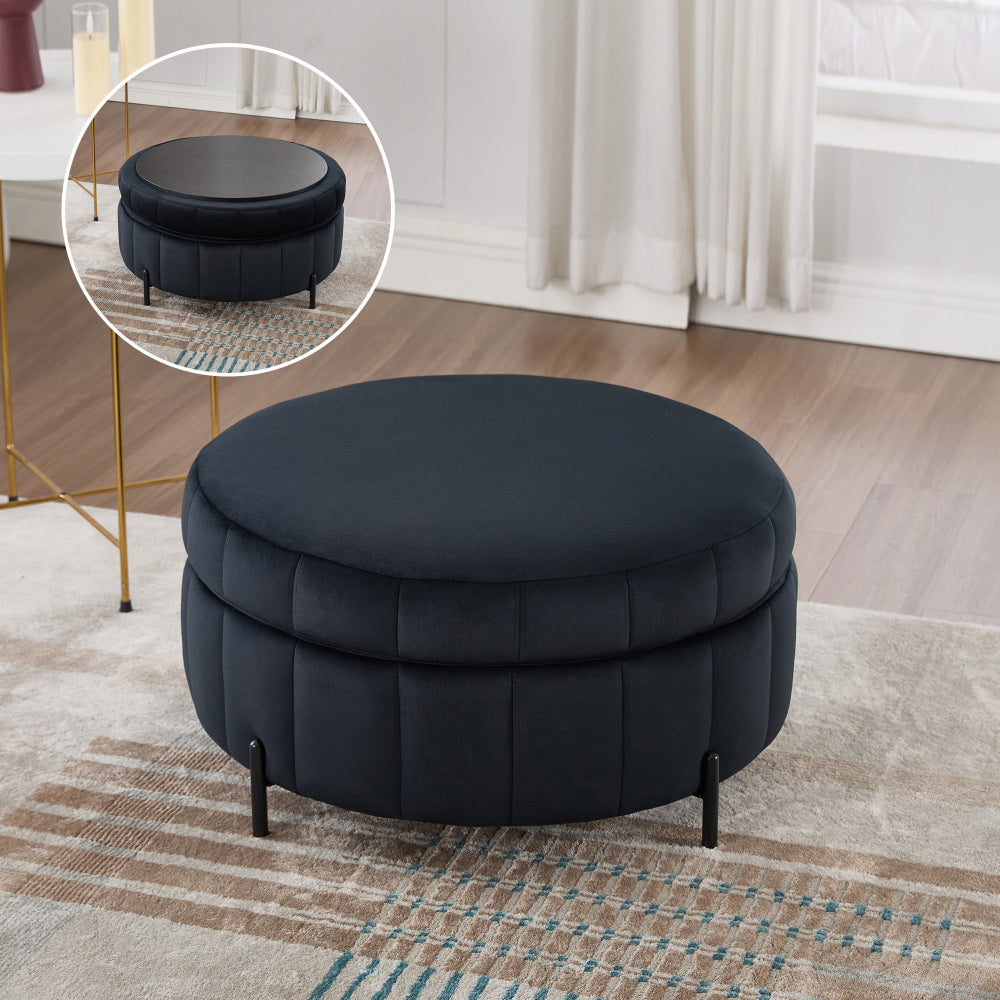 31.5"W Upholstered Round Ottoman With Reversible Lid, Velvet Storage Stool, Channel Tufted Pumpkin-shape Footstool for Living room, Bedroom and Office, Green