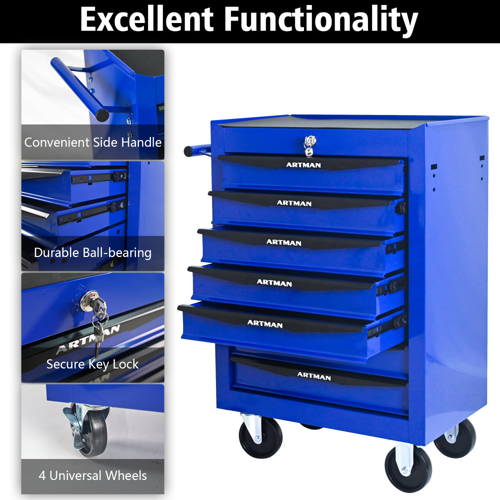 Rolling Metal Tool Chest with 7 Drawers, 20" 7-Drawer Tool Chest Cabinet with Ball Bearing Drawer Slides, Steel Tool Storage Box Organizer -BLACK&BLUE