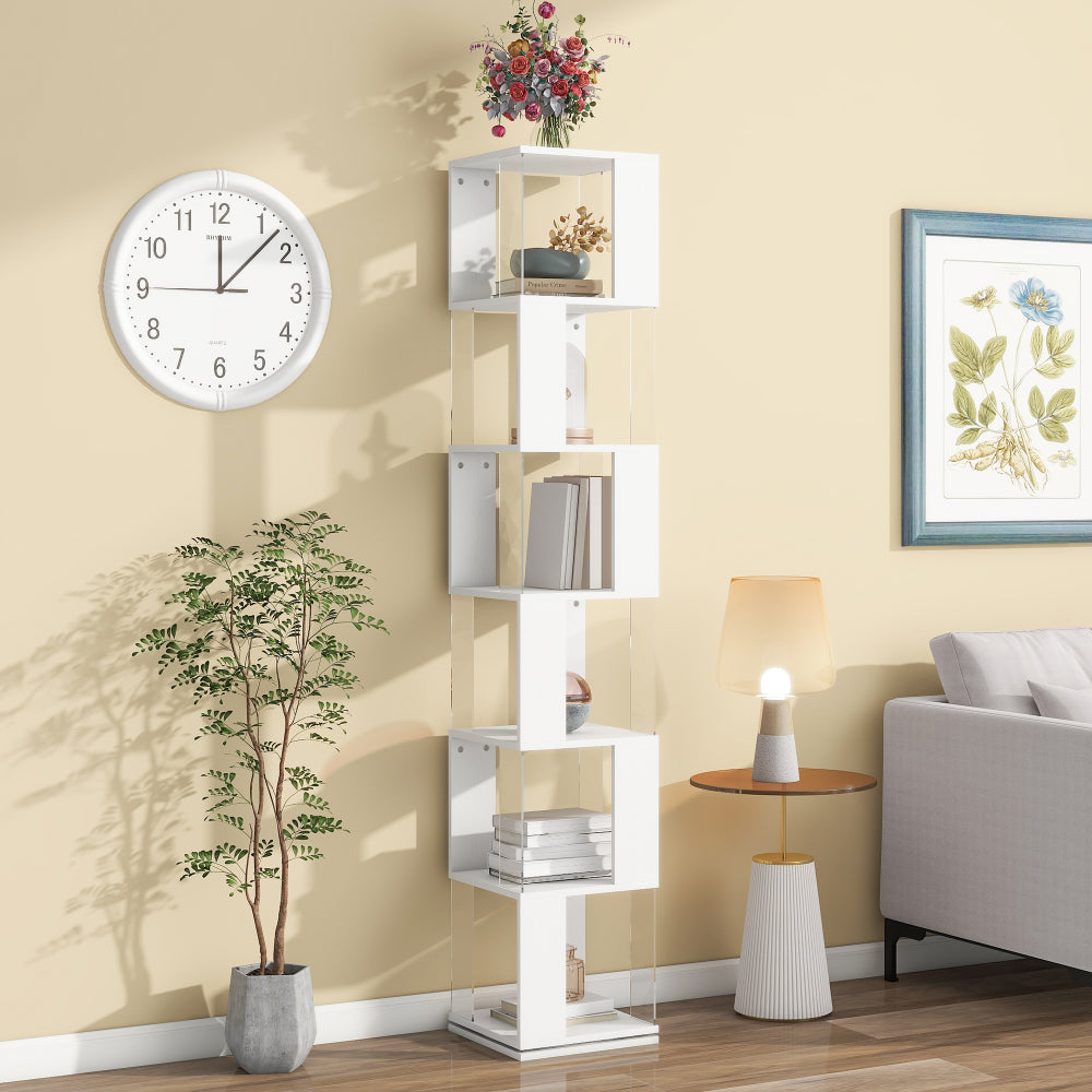 5 tier Rotating Bookshelf, Floor Rack Simple Bookcase  with Acrylic plate Student Multi-Function Creative Bookshelf for Living Room with anti-toppling base