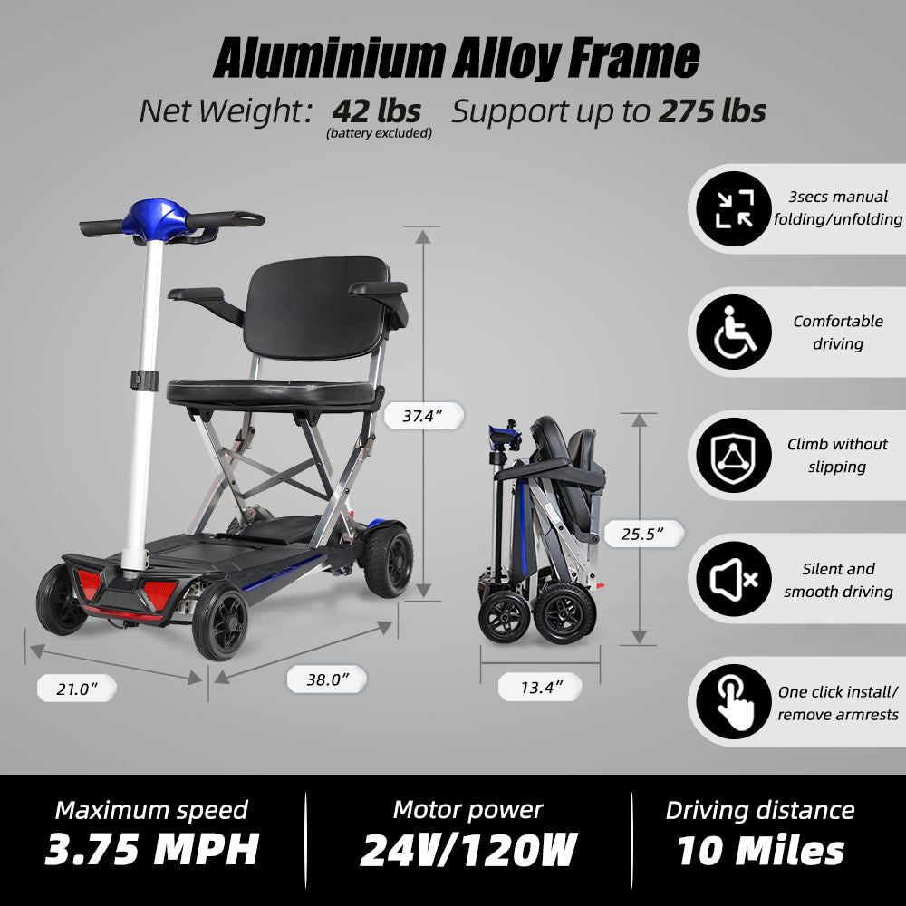 MOBIFREE Powered Lightweight Manual Folding Mobility Scooter M2020 for Adults and Seniors.
