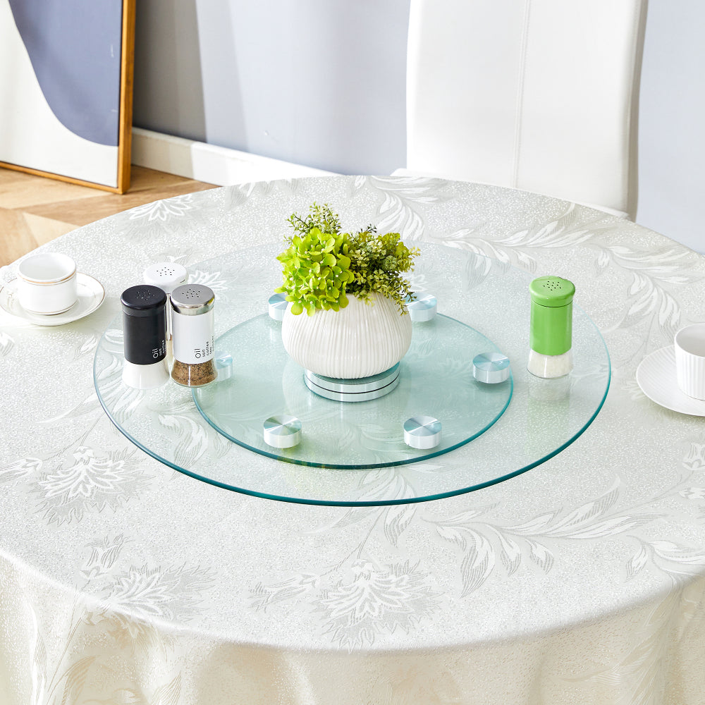 Double layer rotatable round glass.Golden aluminum plate,The rotatable design makes it convenient to retrieve and place items.The upper glass has a diameter of 20 inches,the lower glass15 inches.