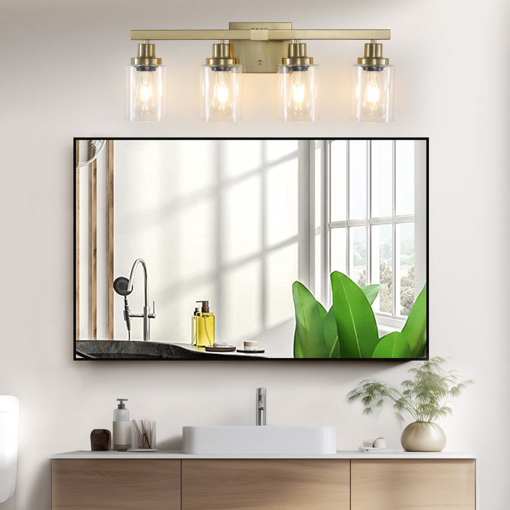 24" Golden 4-Light Vanity Light with Clear Glass Shades, Modern Iron Metal Bathroom Wall Fixture for Mirror, Ideal for Bathroom and Dressing Table (No Bulbs)