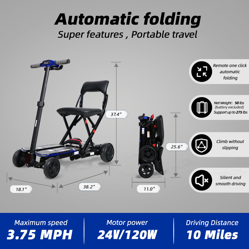 SOLAX 4-Wheel Remote Folding Mobility Scooter for Adults and Seniors, super lightweight and compact plus NFC Electric Foldable Mobility Scooter With Suspenion capacity.