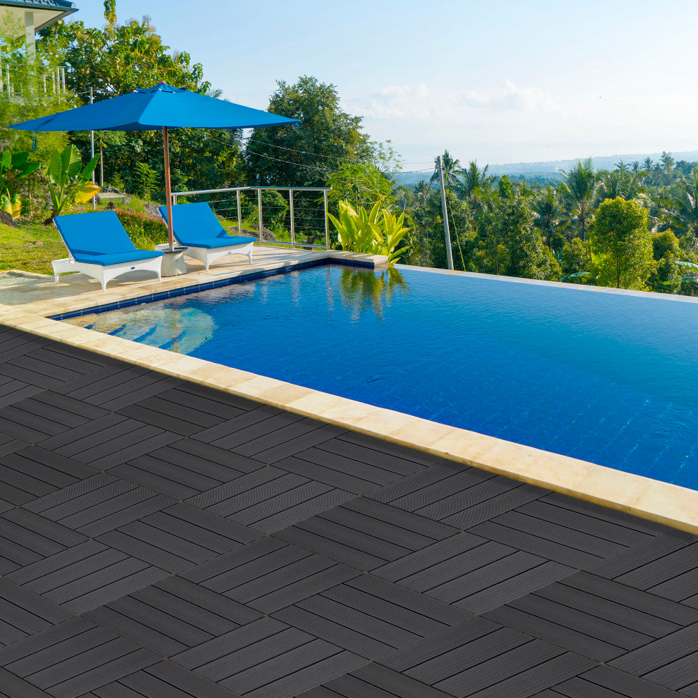 9 PCS heavy-duty & recyclable Wood-Plastic DIY Interlocking Deck Tiles 11.8" x 11.8"- Waterproof Outdoor and Indoor Flooring for Patio, Balcony, Porch, Backyard, Bedroom (Black)