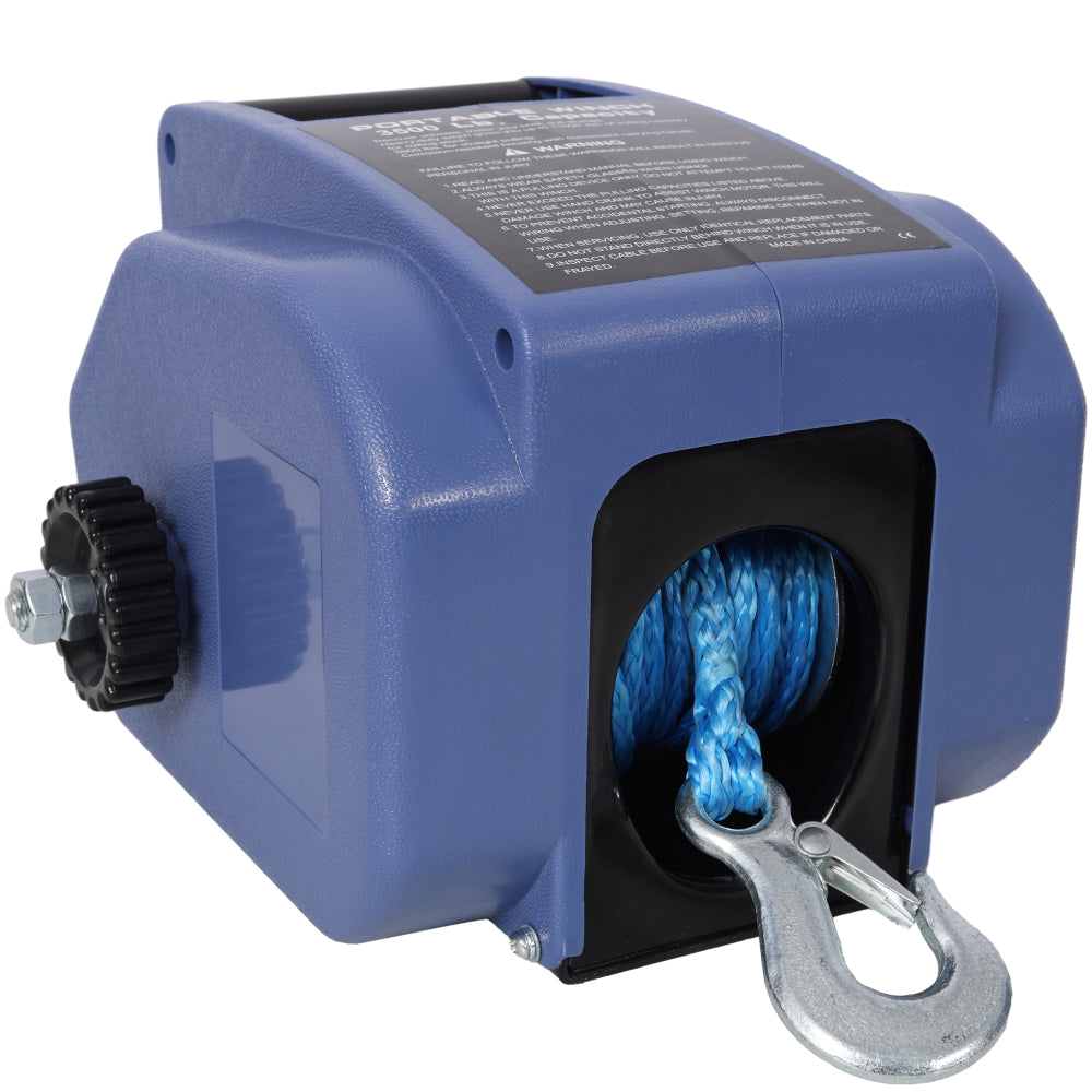 12v 3500lbs Trailer Winch,Reversible Electric Winch, for Boats up to 6000 lbs.,with synthetic rope,with extra pulley hook,power in and power out,with manual function.blue plastic casing