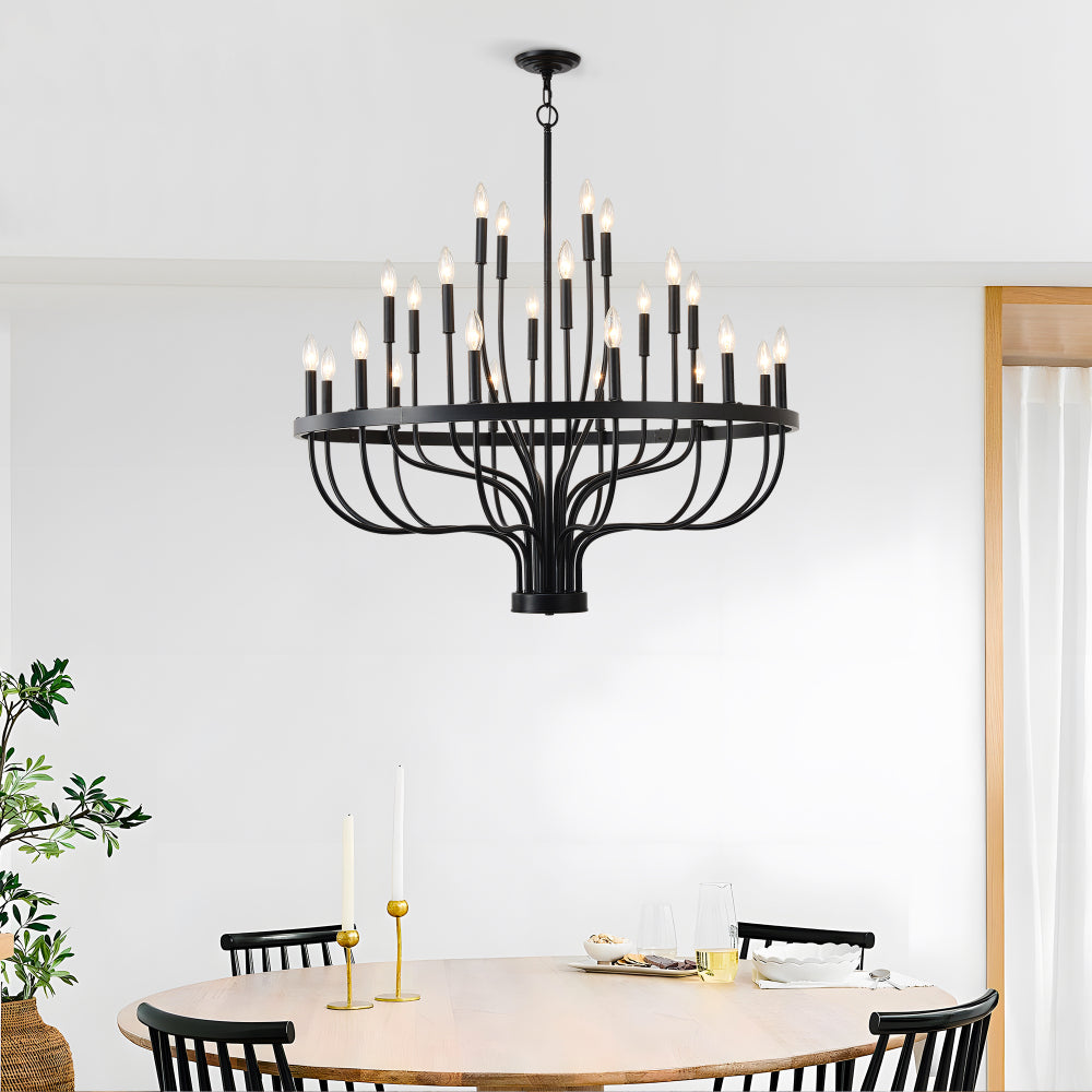 24-Light Black Chandelier Industrial Iron Candle Chandelier Modern Suspended Farmhouse Chandeliers Pendant Light Fixtures for Dining Room Bedroom Living Room Kitchen Island Foyer E12 Bulb (NO Include)