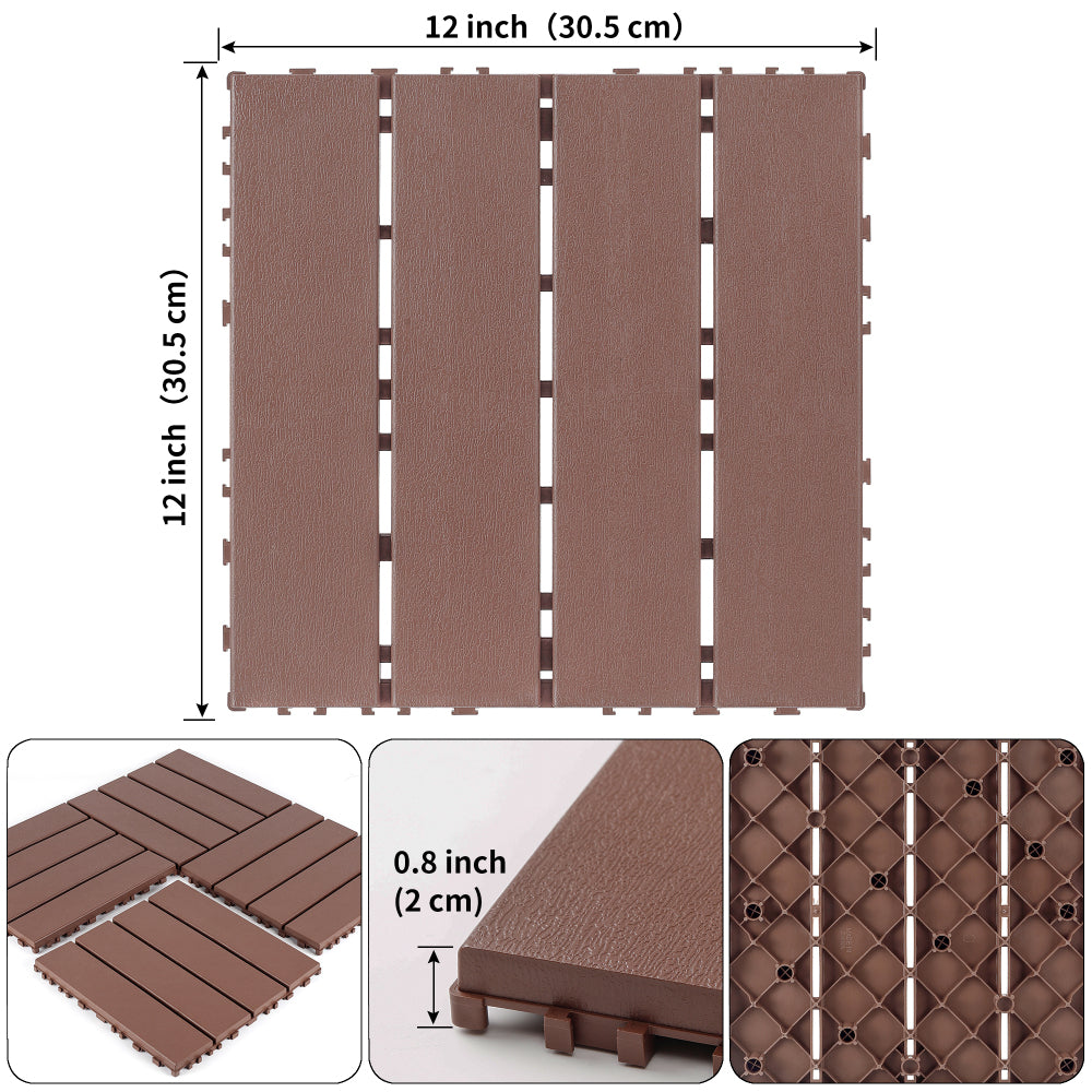 Plastic interlocking decking tiles, 44 packs of terrace decking tiles, 12 inches x 12 inches waterproof for all-weather use, backyard pool decking tiles, Brown