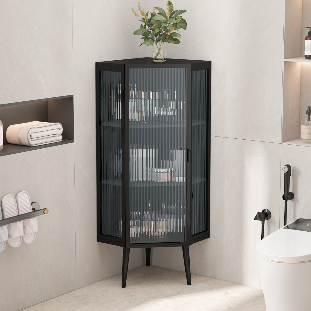 22.25 " Floor Coner Cabinet with Tempered Glass Door & Storage Shelves for Bathroom, Living Room, Bedroom (White)