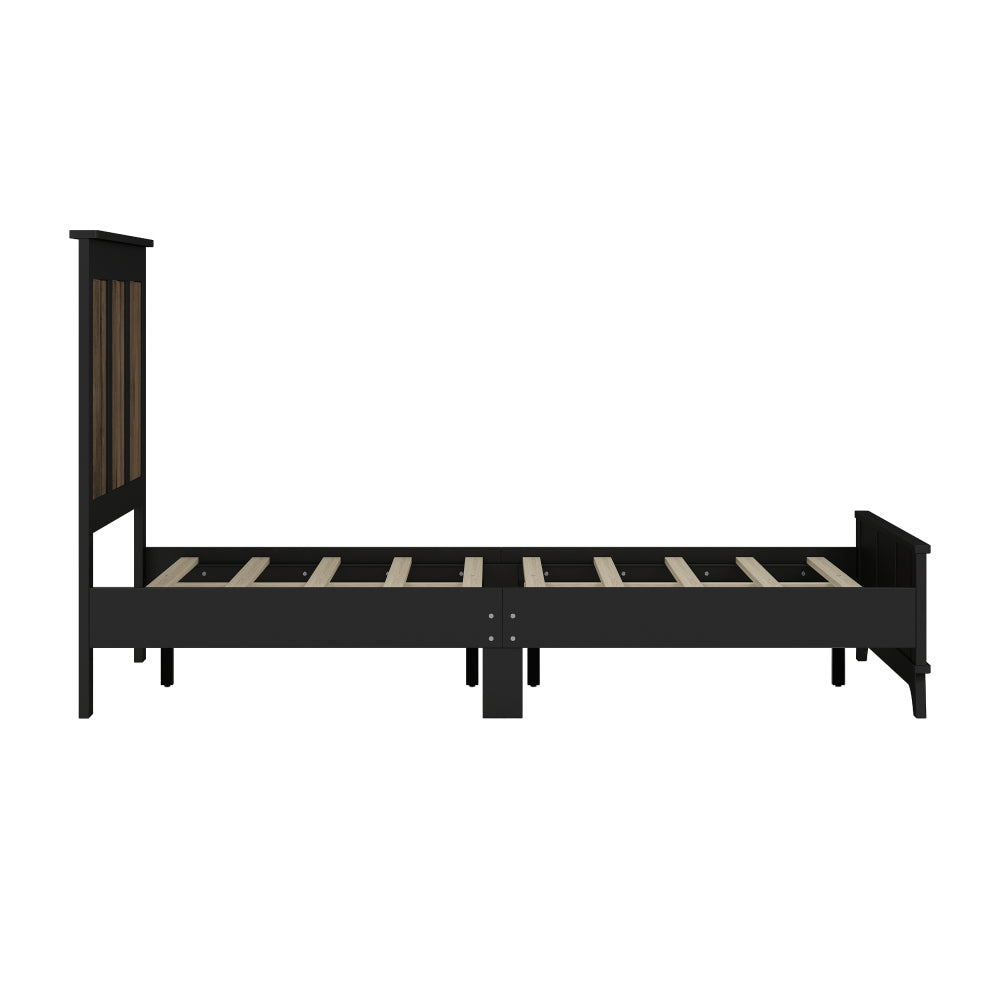 4-Pieces Bedroom Sets, Queen Size Farmhouse Platform Bed with Wooden Strip Stickers Decoration, Storage Nightstand and Dresser with Metal Handle, Black
