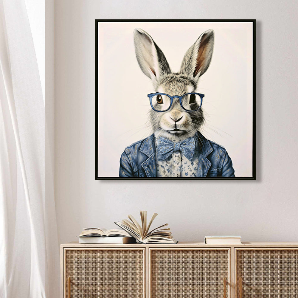 Gallery Wrapped Canvas Wall Art - Dapper Bunny in Tailored Cobalt Blue Suit, Modern Animal Portrait Framed Print for Lounge/Office Decor decorative picture painting