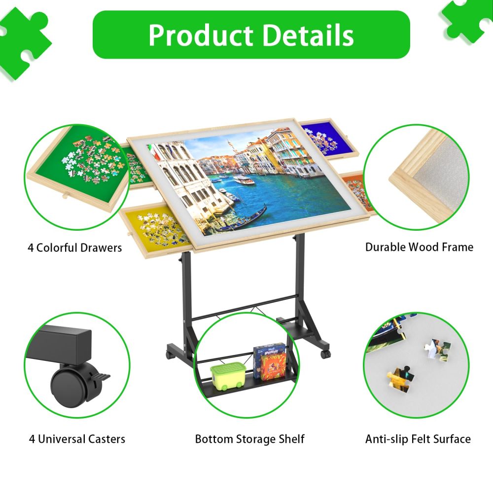 Wooden 1500 Piece Puzzle Table with Drawer, 35"*27.17" Adjustable Puzzle Table, 360° Tilting Puzzle Table with Legs and Wheels, Rolling Puzzle Table, Adjustable Height and Angle, with Protective Cover