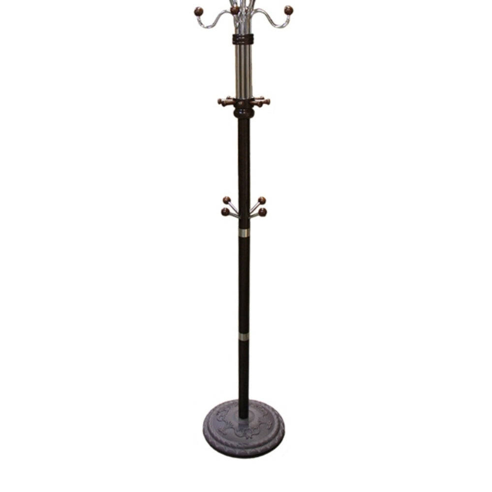 73" Tall Chrome and Wood Coat Rack, Espresso finish