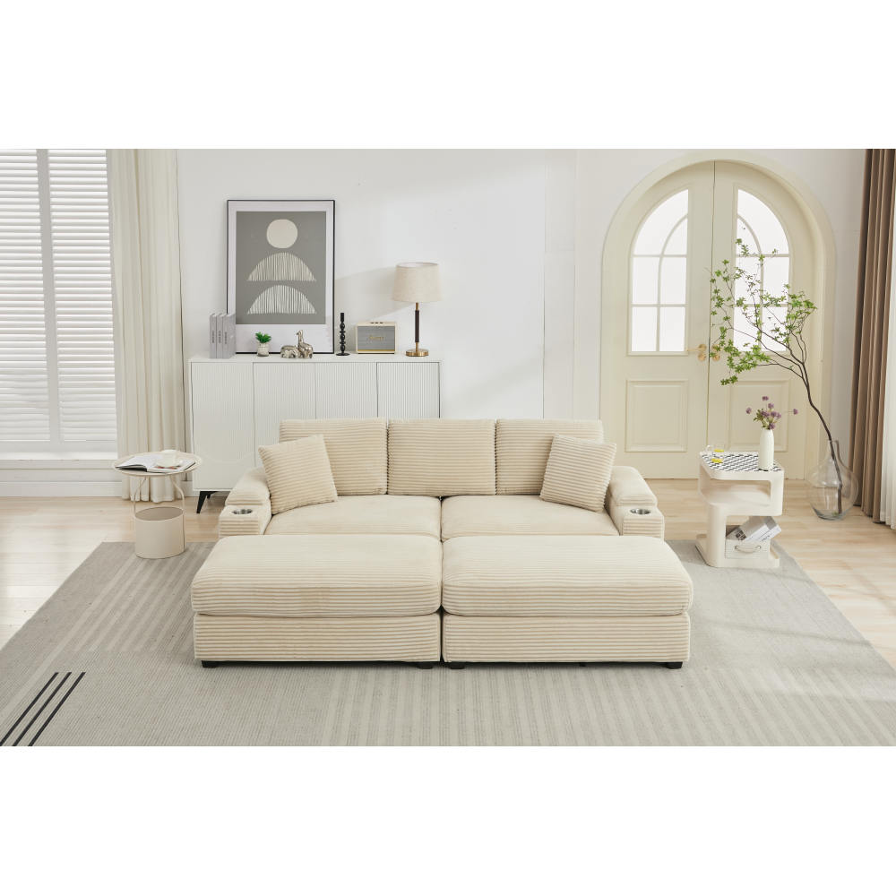 [VIDEO/New]Corduroy Upholstered Chaise Lounge Sofa with Handrail storage ,Movable ottoman,Cupholders,Detachable Cushions Deep Seat for Living Room Office,3 colour